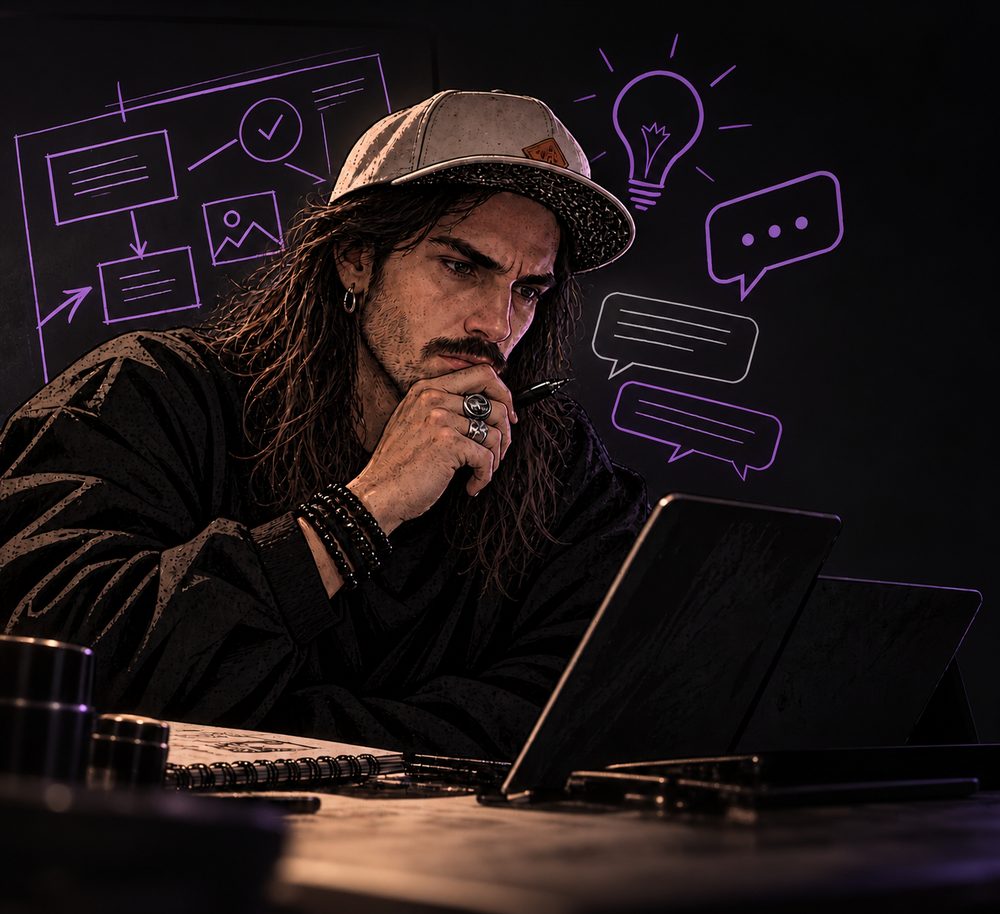Diretor criativo pensando diante do notebook, com esboços de telas, ideias e conversas desenhados ao redor.
